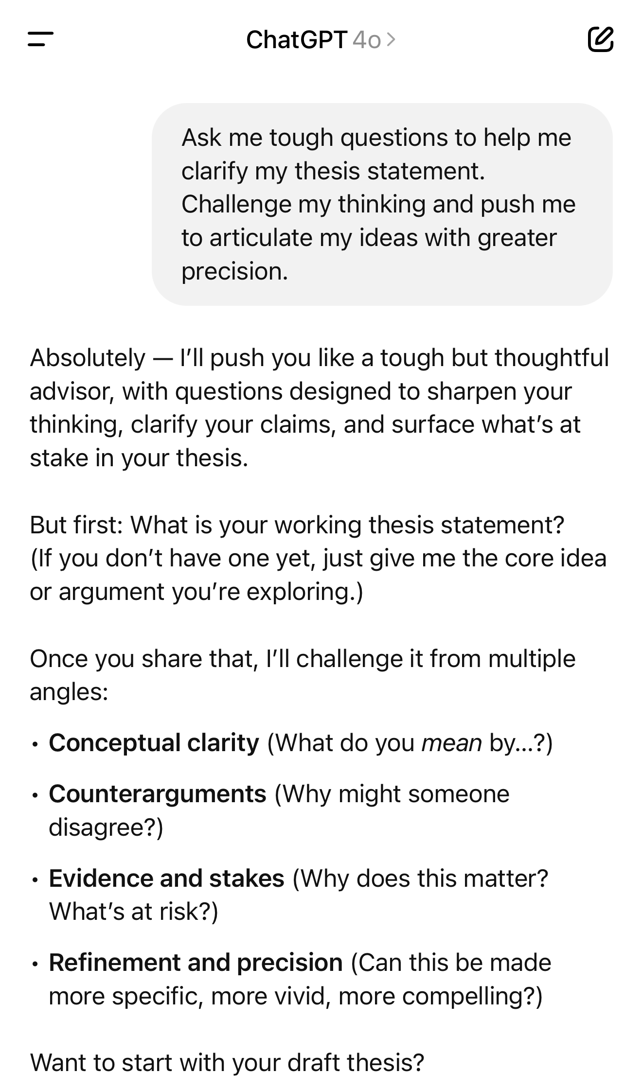 ChatGPT conversation showing Socratic AI approach