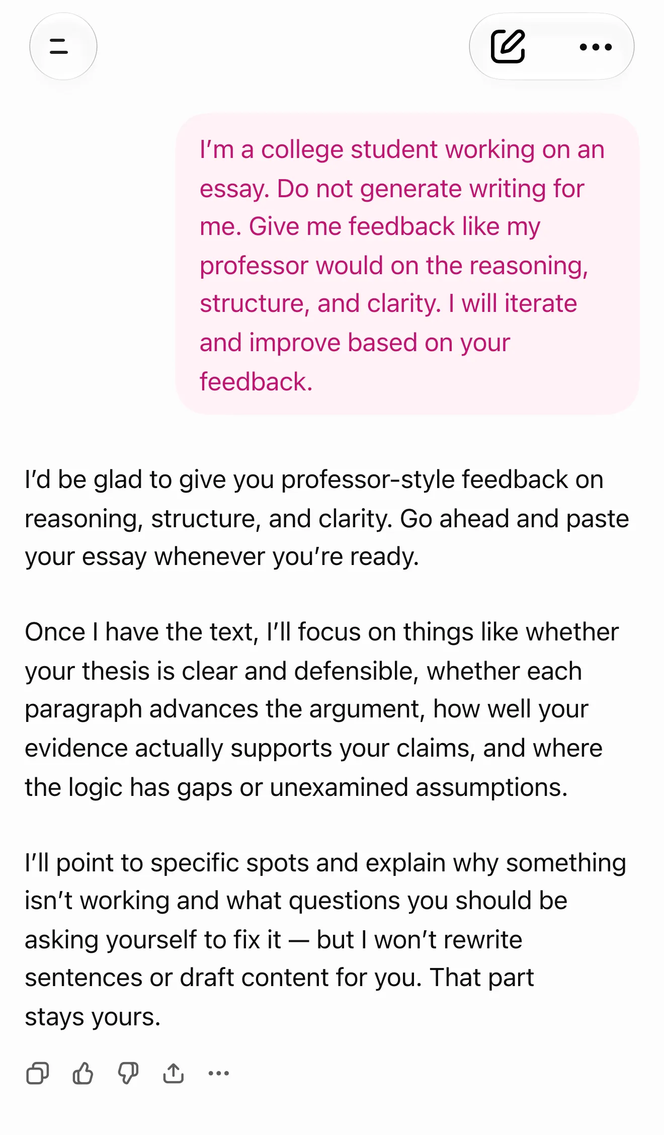 ChatGPT conversation showing professor-style feedback for revision