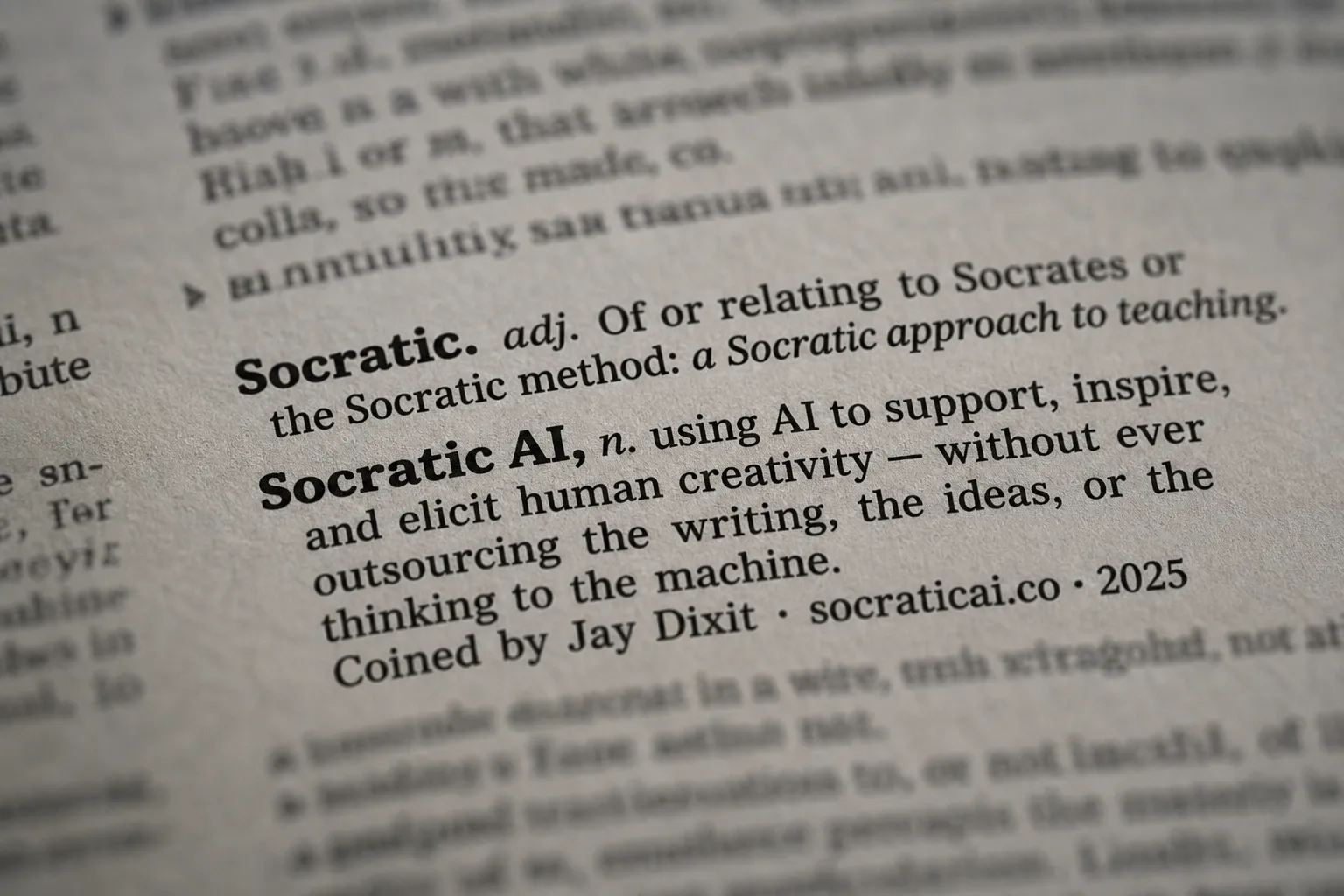 A photographed dictionary page showing definitions for Socratic and Socratic AI, coined by Jay Dixit