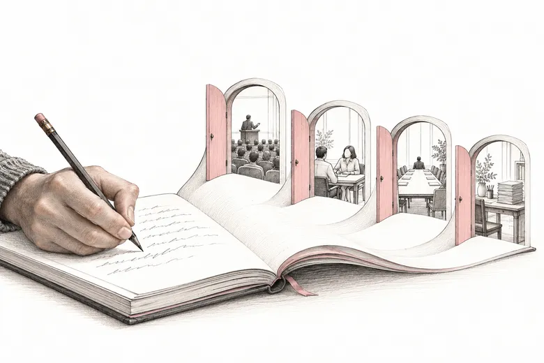 A hand writing in a notebook whose pages open into four pink doorways showing speaking, conversation, a meeting, and a finished manuscript.