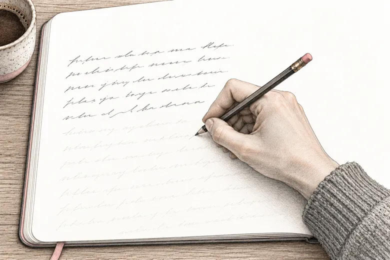 A hand writing in an open notebook, with faint marks becoming darker and more defined across the page.
