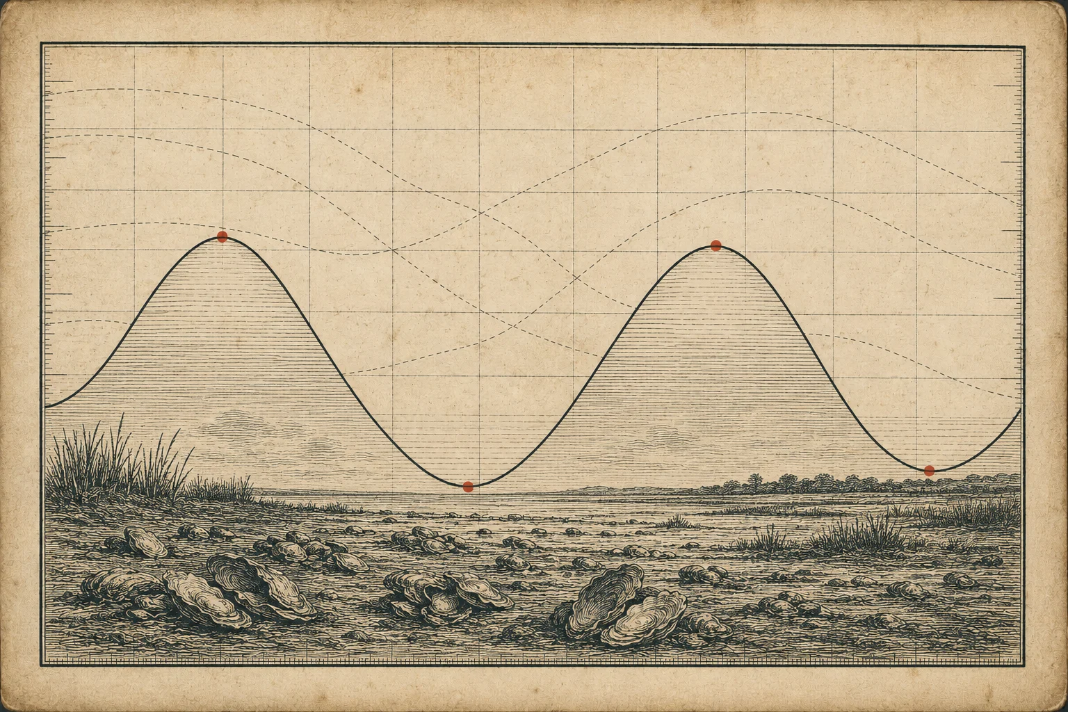 Engraved plate of a semidiurnal tide curve over an exposed oyster bed