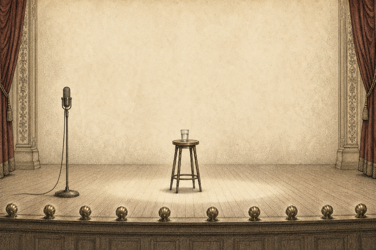 An engraved plate of an empty stage with a microphone stand, a stool with a glass of water, and footlights.