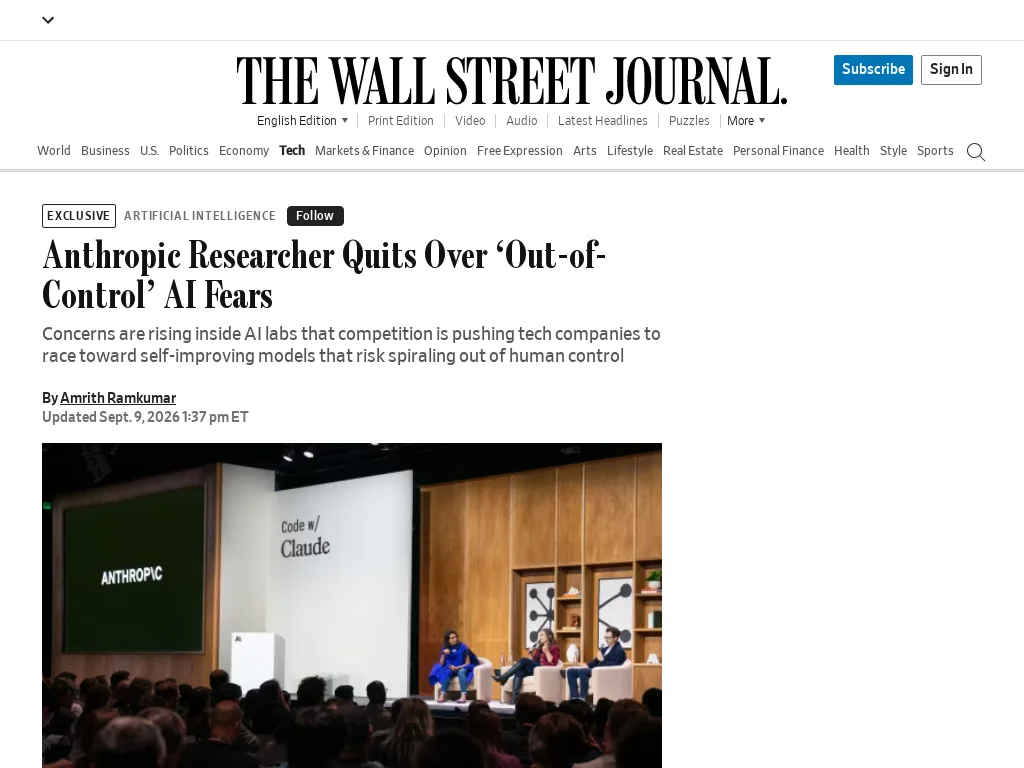 Exclusive | Anthropic Researcher Jacob Coxon Quits Over ‘Out-of-Control’ AI Fears - WSJ